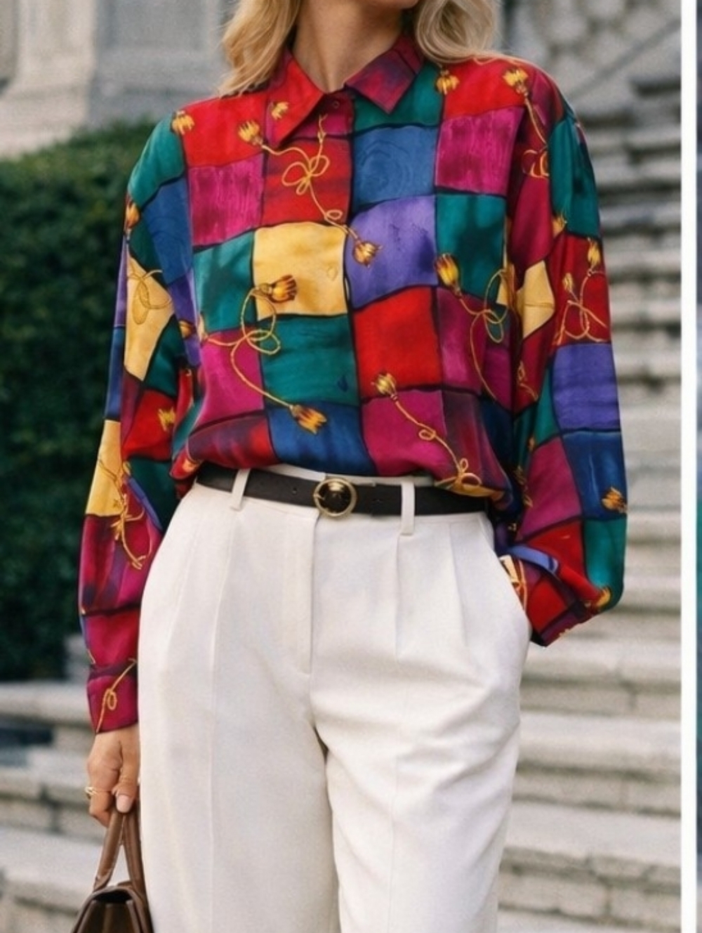 Full Button Vintage Blouse Size M Colorful Geometric Print Tassel Detail 80s 90s - Picture 4 of 9